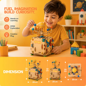 Plago Play Lab Wooden Solar System Activity Cube – STEM Educational Space Toy with Gears & Moving Planets - Plagotoys