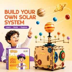Plago Play Lab Wooden Solar System Activity Cube – STEM Educational Space Toy with Gears & Moving Planets - Plagotoys
