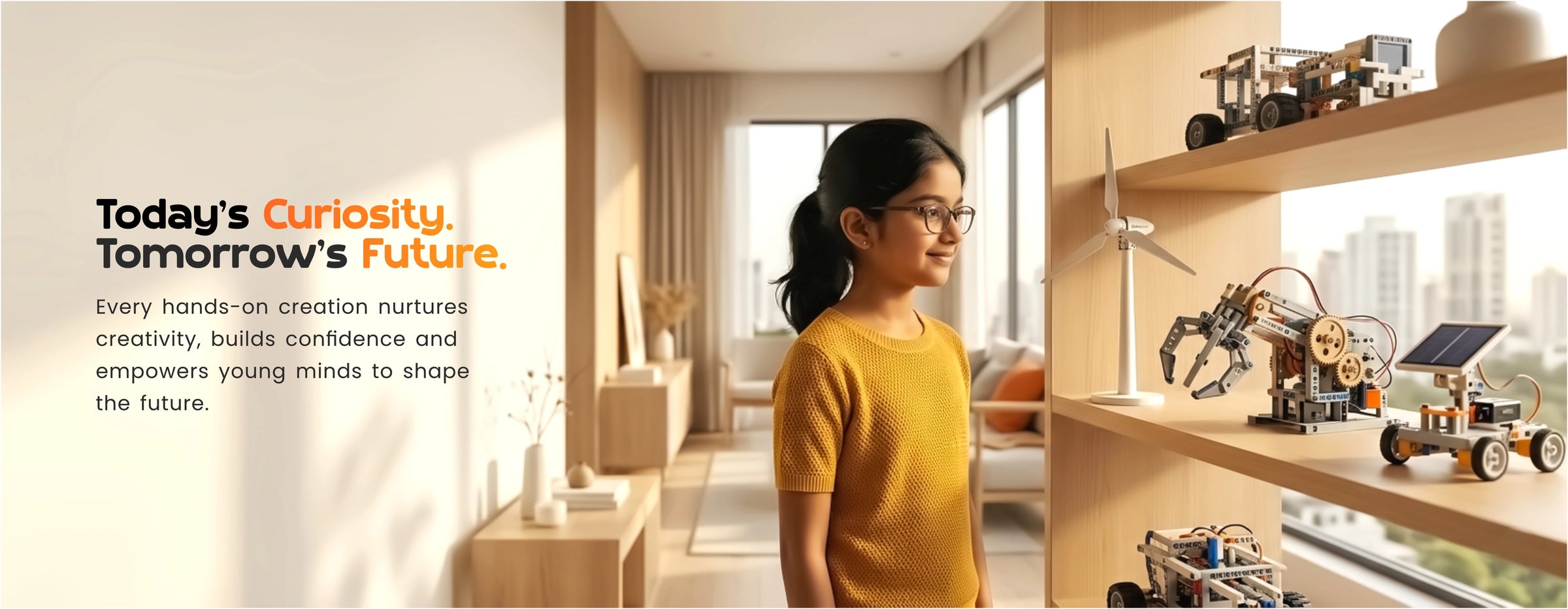 Child in a yellow shirt standing in a room with educational toys and a quote about curiosity and future.