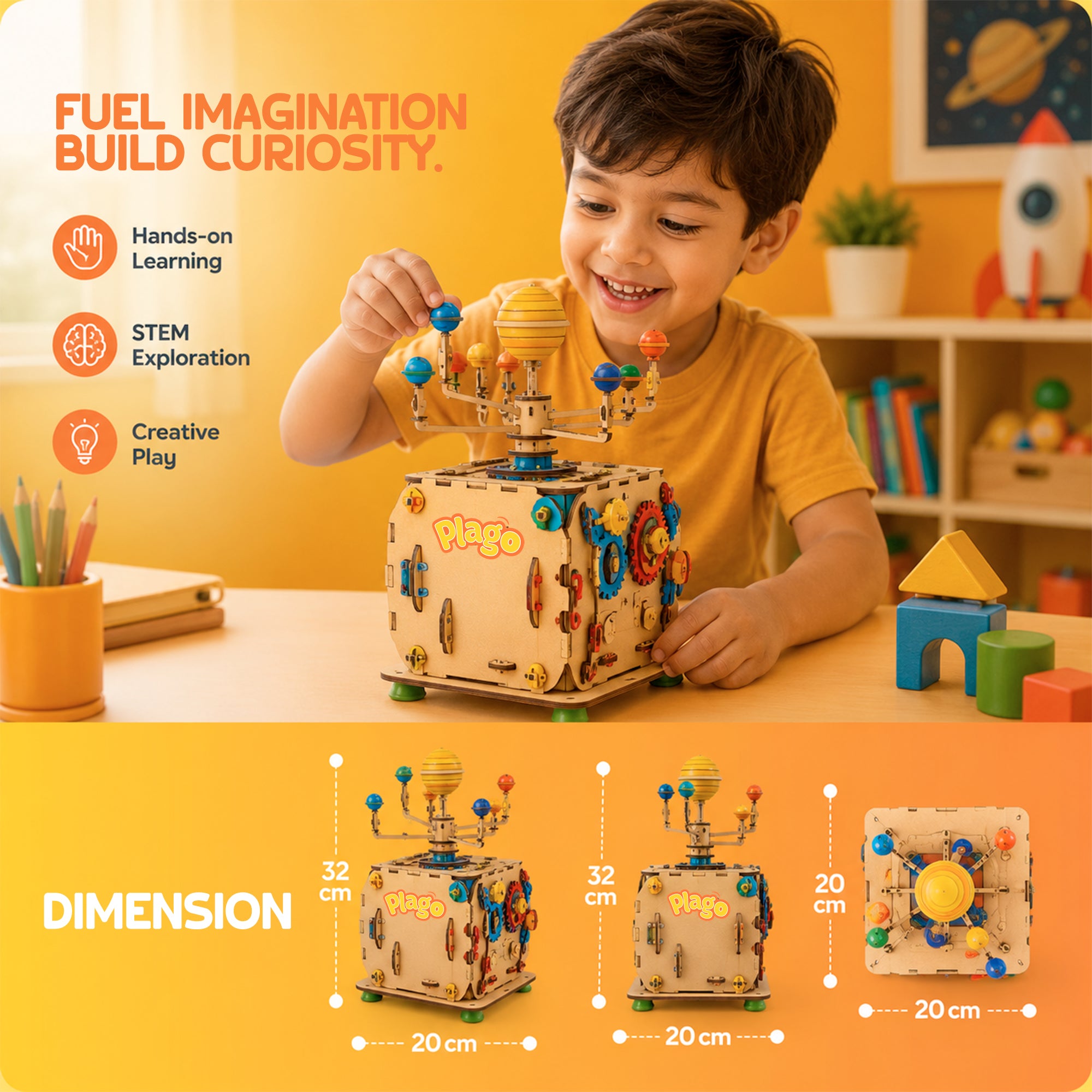Plago Play Lab Wooden Solar System Activity Cube – STEM Educational Space Toy with Gears & Moving Planets - Plagotoys