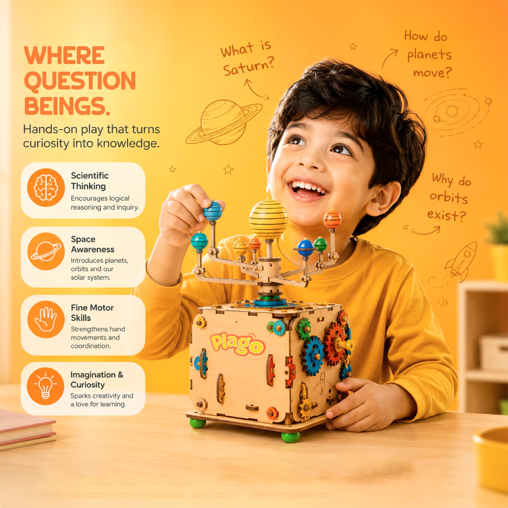 Plago Play Lab Wooden Solar System Activity Cube – STEM Educational Space Toy with Gears & Moving Planets - Plagotoys